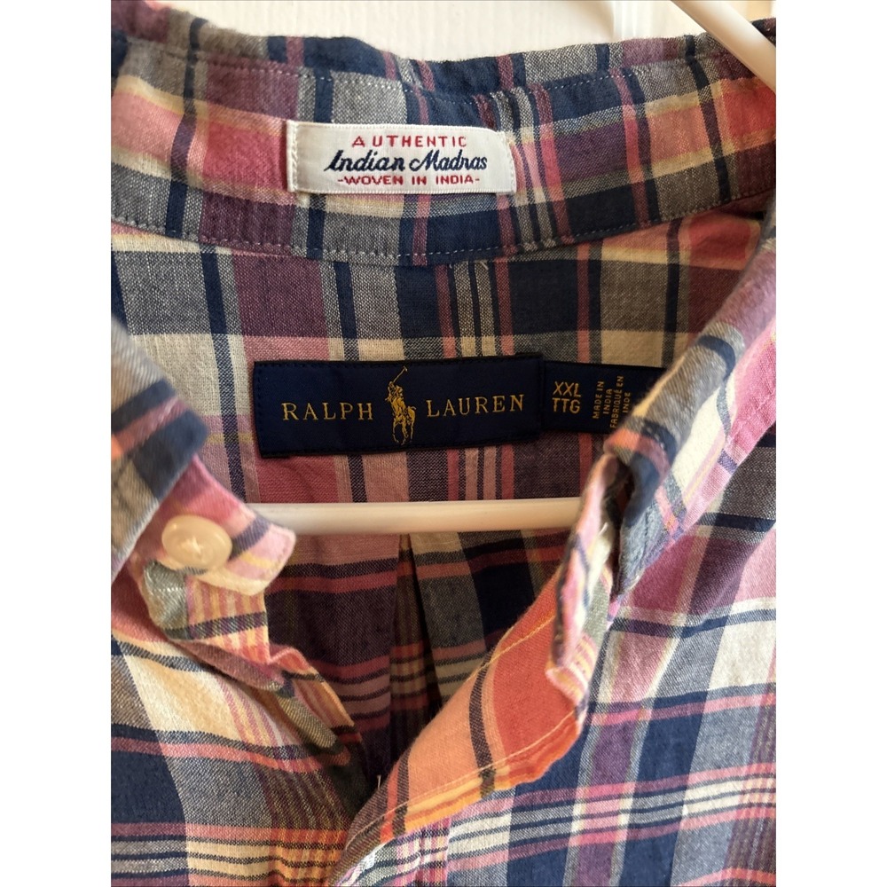 Ralph Lauren Polo Indian Madras Shirt Men Small Pink Blue Plaid Short Sleeve XXL - Picture 2 of 4